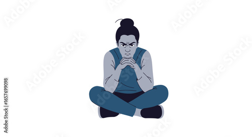 Illustration depicting a woman with a severe expression, seated cross-legged and engaged in deep contemplation or displaying frustration on a white