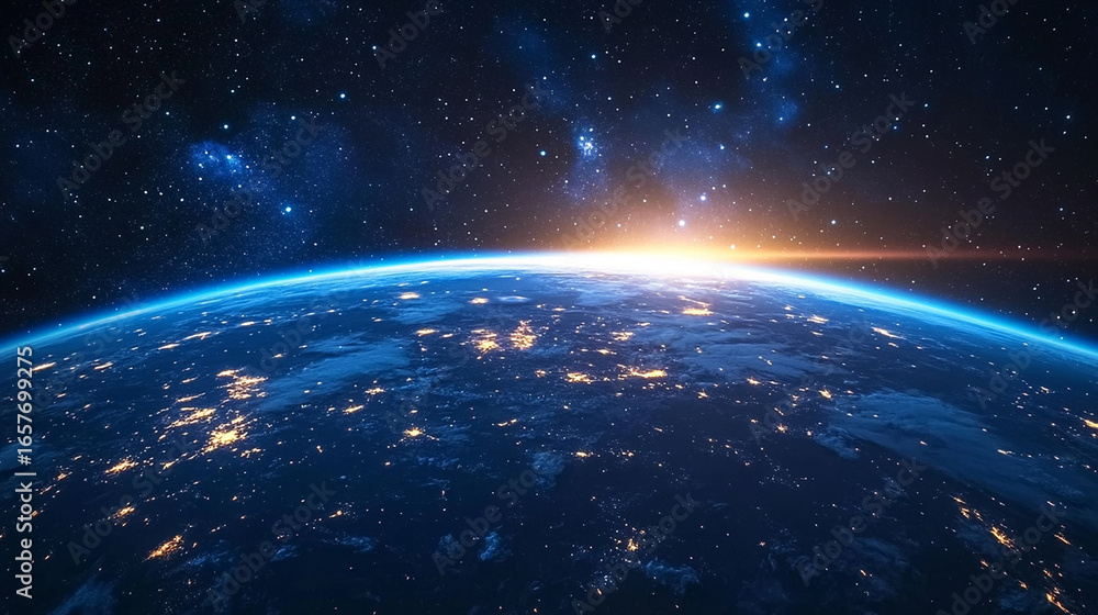 Fototapeta premium Space Dawn: Panoramic Earth Sunrise With Starry Sky Intertwined