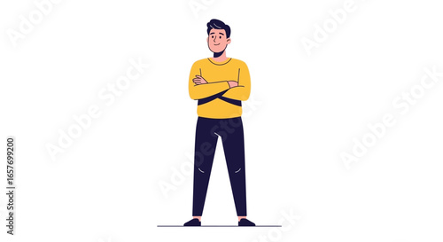 Thoughtful young man with arms crossed in yellow sweater, conveying confidence and contemplation