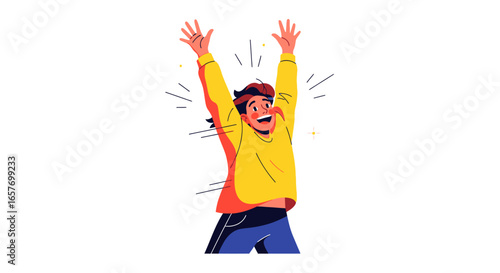 An Illustrative Depiction of a Cheerful Man Raising Arms in Celebration Against a White Backdrop