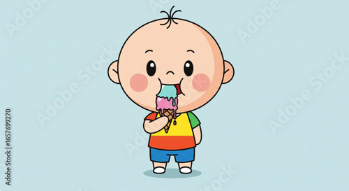 A cartoon baby is happily eating a colorful ice cream cone, enjoying a sweet treat.
