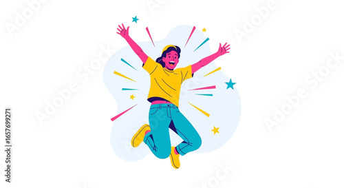 A Vibrant Illustration of Pure Joy and Celebration, a Young Person Leaping with Excitement Amidst a Burst of Stars and Confetti