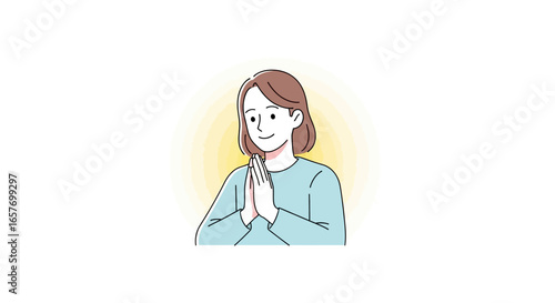 Illustration of a calm woman with hands together, radiating a sense of hope and optimism, conveying a message of gratitude and positivity