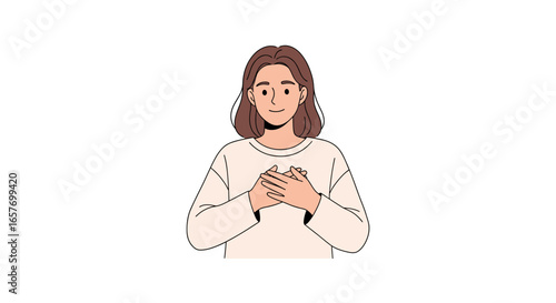 Kind woman in a sweater placing her hands on her chest expressing gratitude illustration