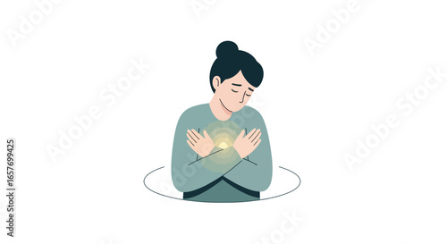 Illustration depicting woman embracing self with glowing light at her heart center conveying warmth and comfort promoting self care and emotional