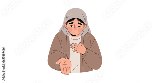 Illustration of a sad woman wearing a hijab, conveying a sense of vulnerability and seeking assistance on a white background, showcasing emotional