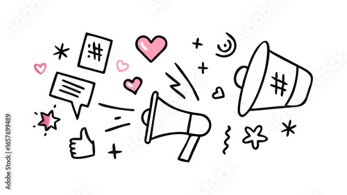 Social media engagement icons with hearts and hashtags
