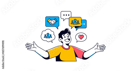 Engaging communication illustration showing social interaction and virtual networking enthusiasm