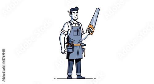 Cartoon carpenter holding a hand saw ready for work, a tradesman in action ready to build something