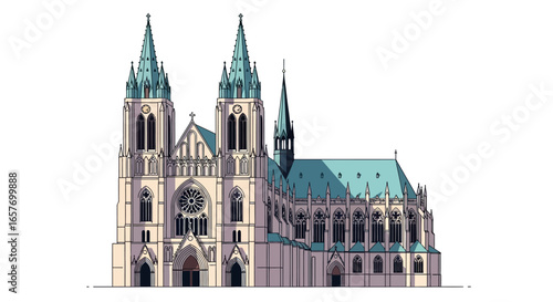 Grand Cathedral Architecture: Stylized Illustration of a Majestic Gothic Structure with Spire Accents, Isolated on White Background
