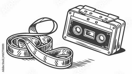 Vintage cassette tape with unspooled magnetic tape