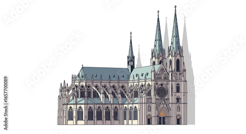 Architectural marvel: A digital illustration of a gothic cathedral with soaring spires against a stark white backdrop offering a serene yet imposing
