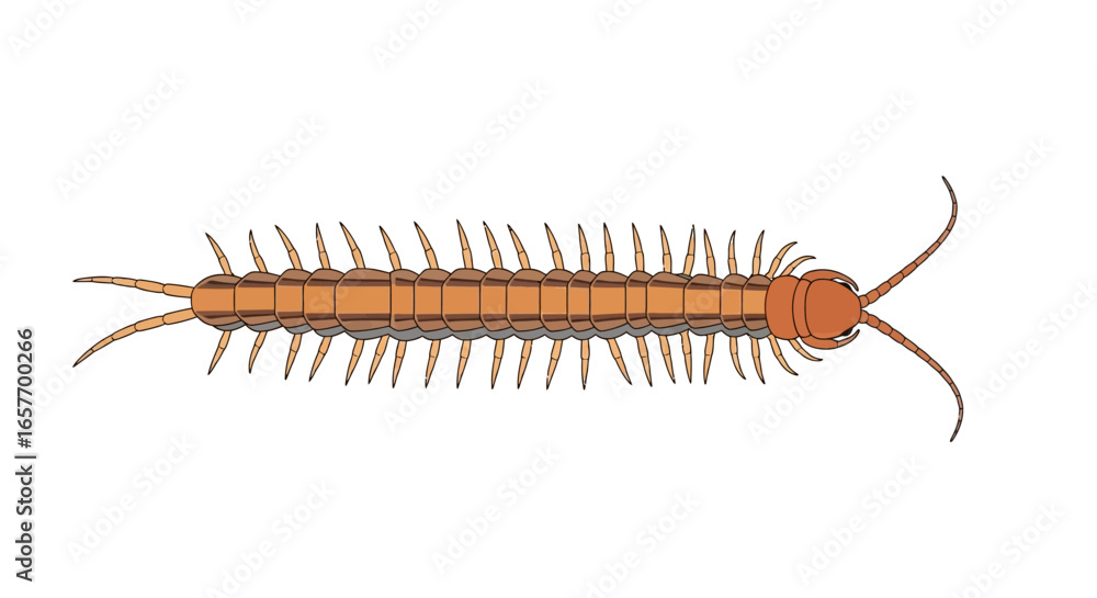 Fototapeta premium Segmented invertebrate illustration featuring a long body and numerous legs, creating a visually intriguing graphic, isolated on pure white background