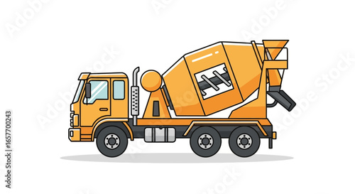 Cartoon Illustration of a Vibrant Cement Mixer Truck Against a White Backdrop, Design for Children's Educational Materials or Construction-Themed
