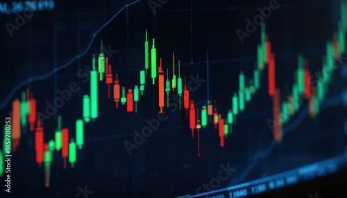 Candlestick stock chart with green and red candles on dark screen