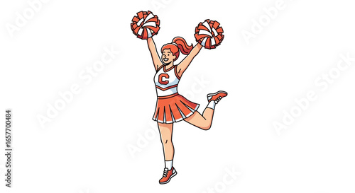 Enthusiastic Cheerleader Raising Pom-Poms in Energetic Display of Team Spirit and Animated Joyful Support for Sporty Collegiate Event Celebrating