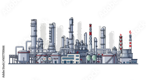 Detailed illustration of industrial complex showcasing various refinery and processing units with intricate pipework system, and factory environment