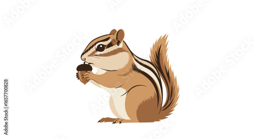 Adorable chipmunk character enjoying an acorn in a cartoon style, perfect for childrens illustration project, or education material using cute