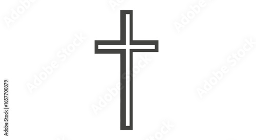 Geometric christian cross design element, simple monochrome outline, religious symbol representing faith and spirituality, minimalist sacred