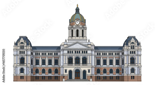 Architectural Rendering of a Grand Government Building with Prominent Dome and Clock Facade illustration architecture construction structure urban