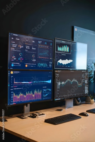 A digital workspace with multiple screens showing product metrics A machine learning tool is forecasting product demand to guide production, Generative AI