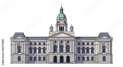 Illustration of a grand architectural building featuring symmetrical design and a prominent clock tower on a white backdrop