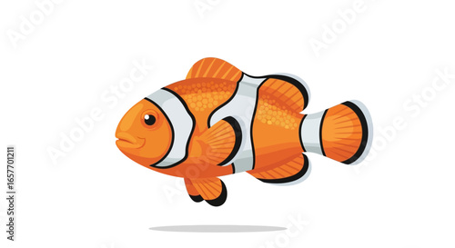 Cartoon depiction of a vibrant clownfish swimming freely in a clear, tropical ocean environment with vibrant coral reefs, 98 characters