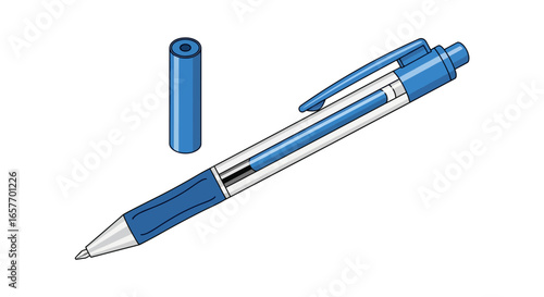 Detailed illustration of a blue ballpoint pen with its cap removed on a clean white background showing the pen's simplistic design and functionality