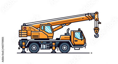 Stylized construction vehicle vector illustration showcasing machinery in cheerful orange hues, detailed line art emphasizing engineering prowess