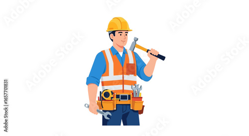 Professional builder character posing with tools, showcasing construction expertise and occupational safety in vibrant vector style