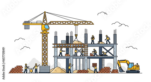 Cartoon depiction of a construction site with workers, crane, and ongoing bricklaying and excavation offering a visual narrative of building progress