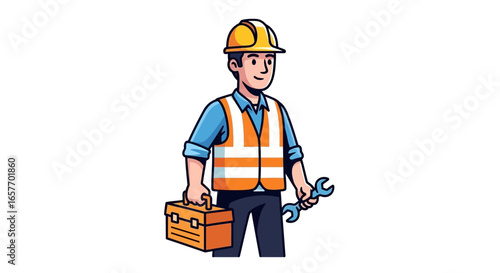 Skilled Cartoon Construction Worker Ready for the Task with Tools and Equipment in Hand