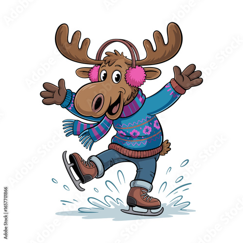Cartoon Moose Ice Skating in Winter 