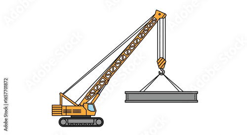 Illustration depicting a construction site crane lifting a steel beam against a white background ideal for graphical representation of construction
