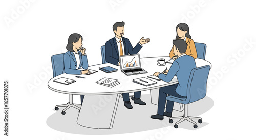 Stylized business meeting illustration showcasing teamwork and chart analysis for corporate presentation material and reports