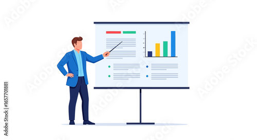 Professional presenting charts and data on whiteboard, facilitating discussion in office environment, informative graphical analysis presentation
