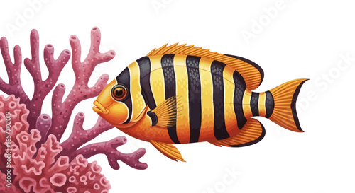 Vibrant Tropical Fish Illustration with Striped Pattern and Coral Reef Element, against Pure White Space