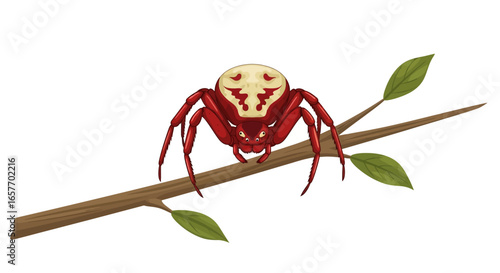 Illustration of a crimson arachnid with distinctive markings perched on a slender branch with verdant leaves, evoking mystery and intrigue in