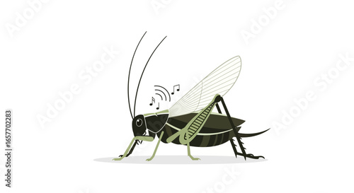 Cartoon cricket chirping a musical tune, isolated on a white background, charming design of singing insect playing a melodious song, whimsical