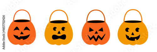 Set of cute Jack O' Lantern candy bucket  flat vector stock illustration.
Halloween pumpkinb bucket.
Good for greeting card, poster, banner, leaflet.
White background.