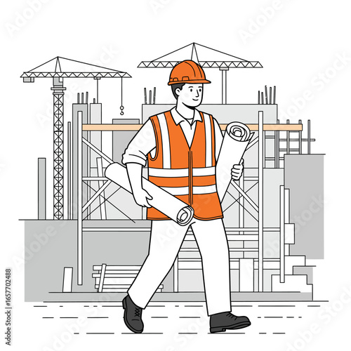 A diligent male construction worker wearing a safety vest and hard hat confidently walks with rolled blueprints at an active building site.