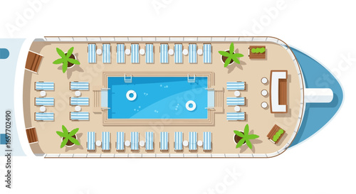 Overhead visualization of a cruise ship deck, showcasing a refreshing swimming pool and inviting lounge chairs ideal for a relaxing vacation getaway