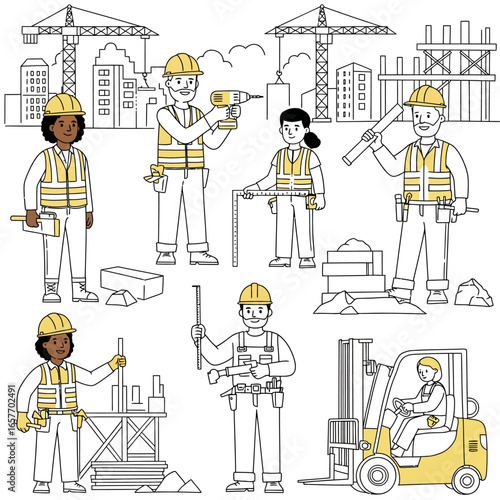 Diverse construction workers, both men and women, are depicted in safety gear, actively engaged with tools and machinery on a bustling building site.