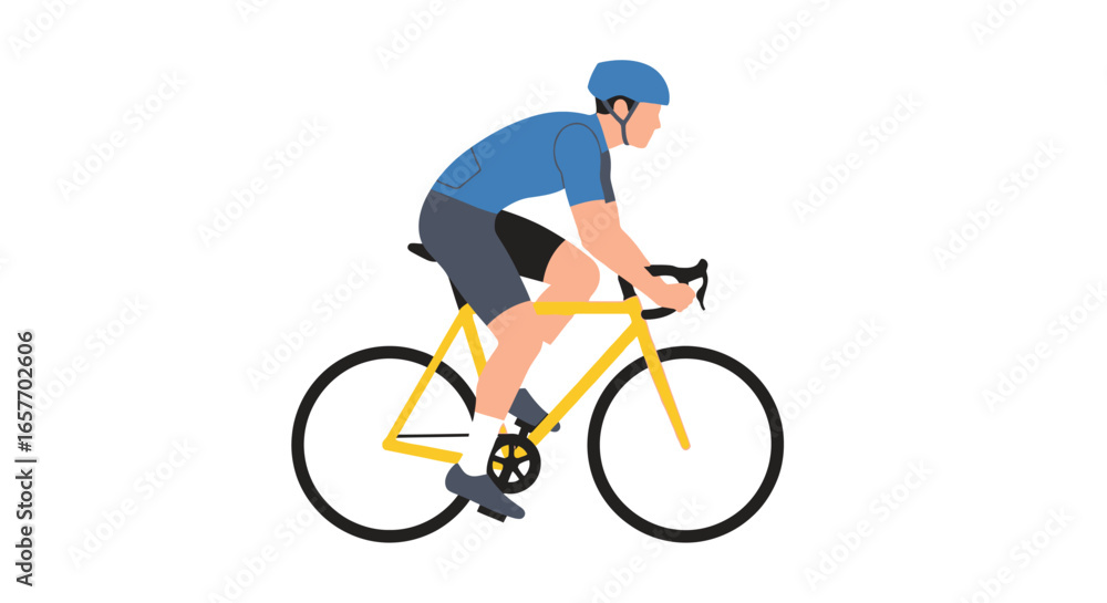 Fototapeta premium Vector Illustration of a Cyclist with Blue Helmet and Shirt Riding a Yellow Bicycle on a White Background