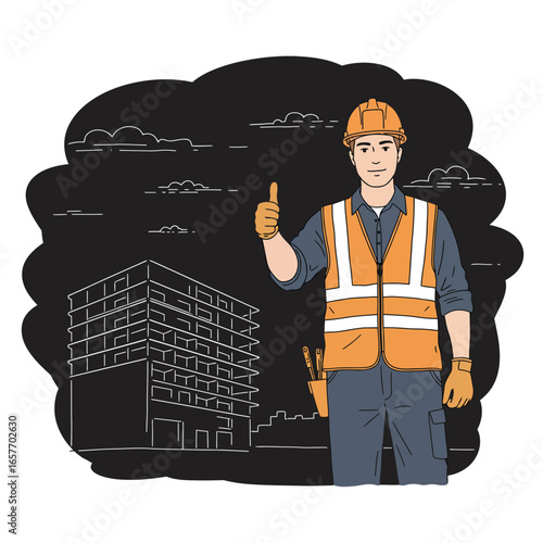 A confident male construction worker in a hard hat and safety vest gives a thumbs-up gesture, symbolizing successful project completion at a construction site.