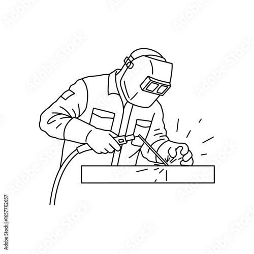 A skilled professional welder wearing protective gear meticulously performs arc welding on a metal workpiece, creating bright sparks in this detailed line art illustration.