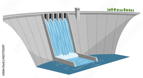 Illustrated Hydroelectric Dam with Cascading Water and Minimalist Trees Landscape Power Infrastructure Resourceful Reservoir Engineering 98