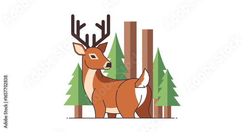 Stylized deer amidst a graphical forest, simple, charming vector illustration, nature themed design, woodland wildlife art piece