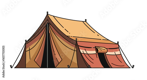 Illustration of a spacious family camping tent with a vintage design and vibrant earth tone color scheme ready for an outdoor adventure