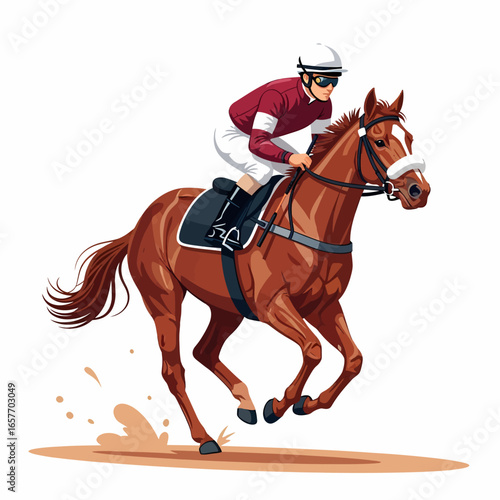 A jockey in racing silks skillfully guides a powerful chestnut horse at full gallop on a dirt track.